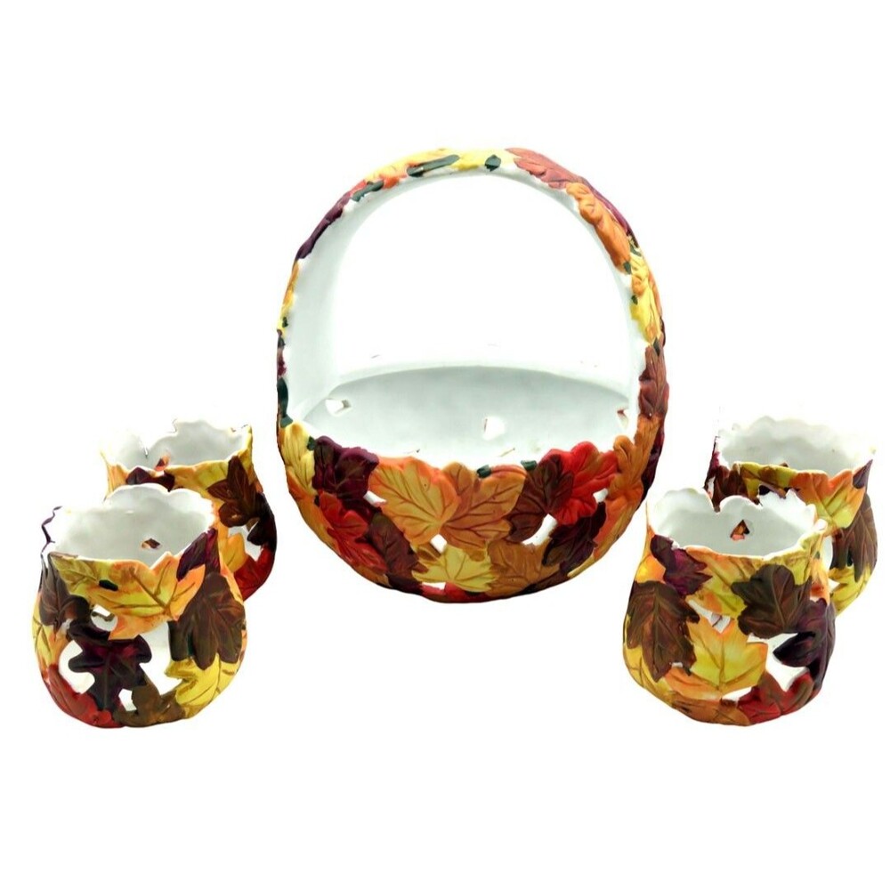 Vintage 1994 Artmark Autumn Leaf Ceramic Basket and 4 Votive Set Imprinted Mark